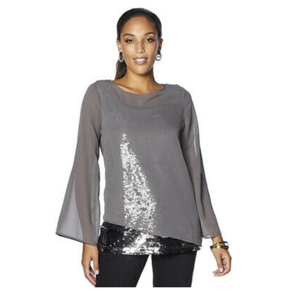DG2 Charcoal Asymmetrical chiffon sequin top in size Medium